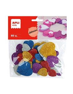 Formes de cœur adhésives Apli en mousse EVA - 50 formes - Tailles assorties - Matériau doux et sûr - Couleurs de paillettes asso