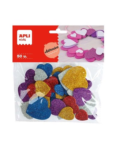Formes de cœur adhésives Apli en mousse EVA - 50 formes - Tailles assorties - Matériau doux et sûr - Couleurs de paillettes asso