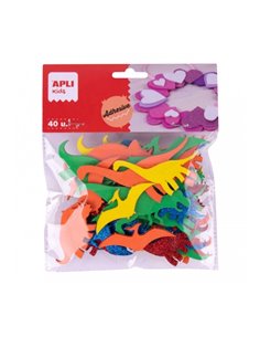 Pack de 40 dinosaures adhésifs en mousse EVA Apli - Motifs assortis - Adhésif permanent - 8 races - Idéal pour les travaux manue