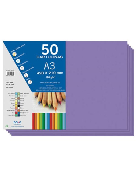 Paquet de 50 feuilles cartonnées Dohe A3 180 g - pH neutre - Sans chlore élémentaire - Couleur violette
