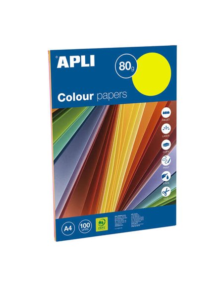 Papier fluorescent Apli, couleurs assorties, format A4, 100 feuilles