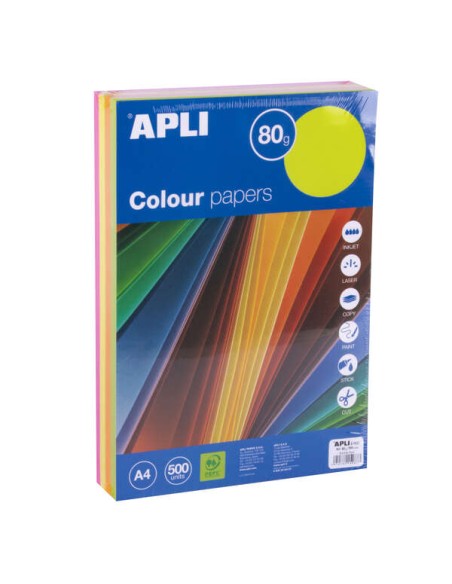 Papier fluorescent Apli, couleurs assorties, format A4, 500 feuilles