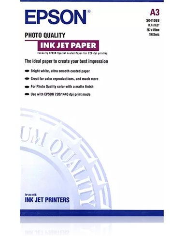 Pack de 100 feuilles de papier photo Epson qualité photo jet d'encre A3 102 g/m² - Finition mate - Blanc