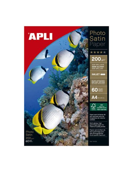 Pack de 60 feuilles de papier photo Apli Photosatin A4 200 g - Finition semi-brillante - Compatible avec les imprimantes à jet d