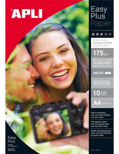 Pack de 10 feuilles de papier photo recto verso Apli Photobright A4 175 g - Brillant d'un côté et mat de l'autre - Convient aux 