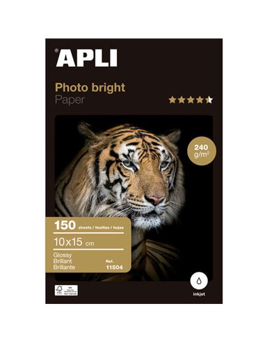 Pack de 150 feuilles de papier photo Apli Photobright 10 x 15 cm 240 g - Finition brillante - Compatible avec les imprimantes à 