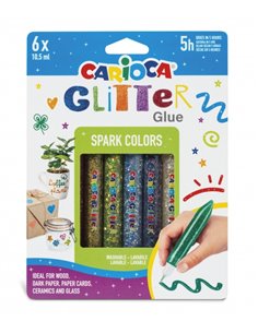 Colle à paillettes Carioca, blister de 6 tubes de colle colorés - Effet pailleté - Application directe - Séchage en 30 minutes -