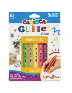 Colle pailletée Carioca Fluo, Blister de 6 tubes de colle colorée - Pour décorer avec un effet pailleté - S'applique directement