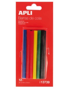 Pack de 12 bâtonnets thermofusibles Apli, couleurs assorties, Ø 7,5 mm x 10 cm - Adhésion instantanée sur plusieurs surfaces - S