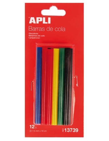 Pack de 12 bâtonnets thermofusibles Apli, couleurs assorties, Ø 7,5 mm x 10 cm - Adhésion instantanée sur plusieurs surfaces - S