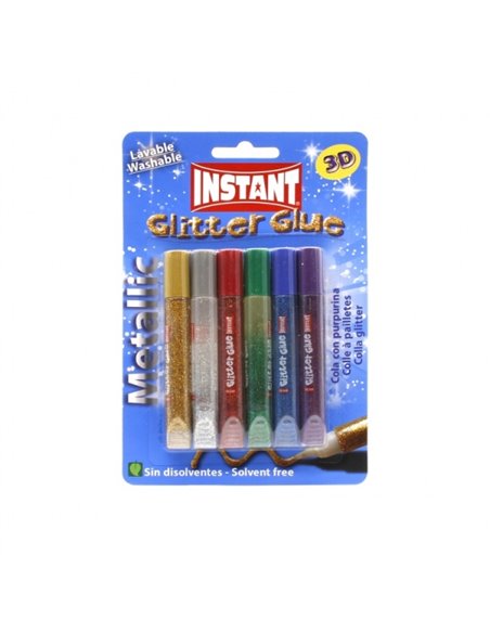 Colle pailletée instantanée métallisée, lot de 6 tubes de 10,5 ml - Pour différentes surfaces - Sans solvant - Couleurs métallis