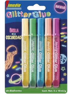Colle pailletée Imedio « Glow in the Dark » Pack de 5 tubes de colle pailletée 10 ml - Brille dans le noir - Pour différents mat
