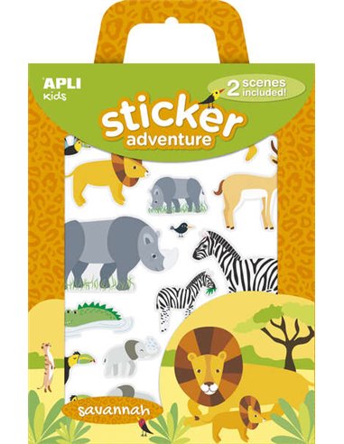 Pack Apli de 34 stickers sur le thème des animaux de la savane - Comprend 2 scènes 45x20cm et 34 stickers - Idéal pour créer des