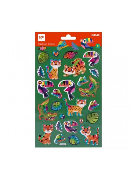 Sachet d'autocollants animaux de la jungle Apli - Finition métallisée - Adhésif permanent - Idéal pour le scrapbooking et la déc