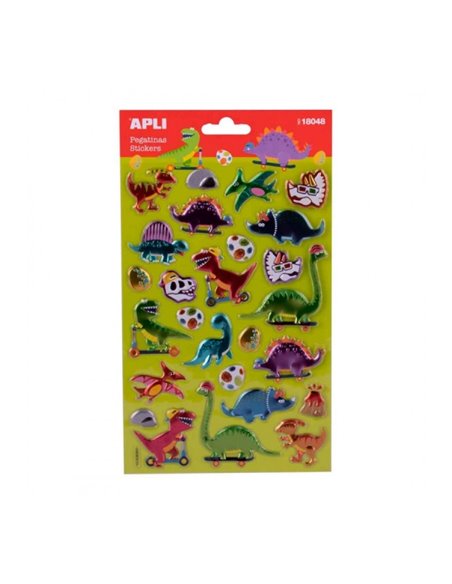 Sachet d'autocollants dinosaures Apli - Finition métallisée - Adhésif permanent - Idéal pour le scrapbooking et la décoration - 
