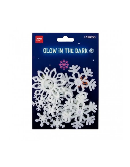 Pack Apli de 12 flocons de neige luminescents 3D - Plastique solide - Brille dans le noir - Adhésif permanent - Modèles et taill