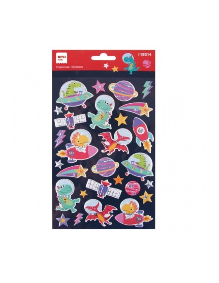Sachet d'autocollants Apli Dinosaures dans l'espace - Détails en relief et métalliques - Adhésif permanent - Stimule la créativi