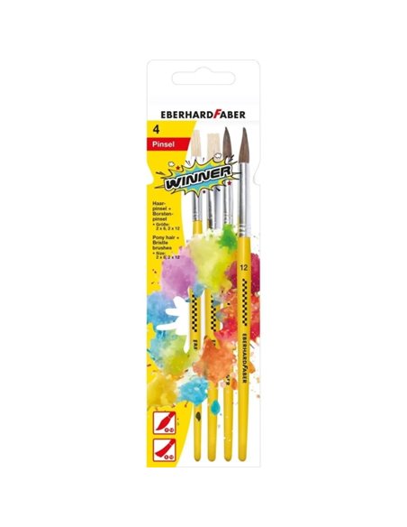 Lot de 4 pinceaux en soies et poils de poney Eberhard Faber Winner, tailles 8 et 12, virole en aluminium