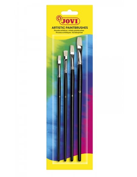 Pinceaux artistiques Jovi, blister de 4 pinceaux plats - Poils naturels - Manche en bois - Pointe plate - Poils durs - Noir