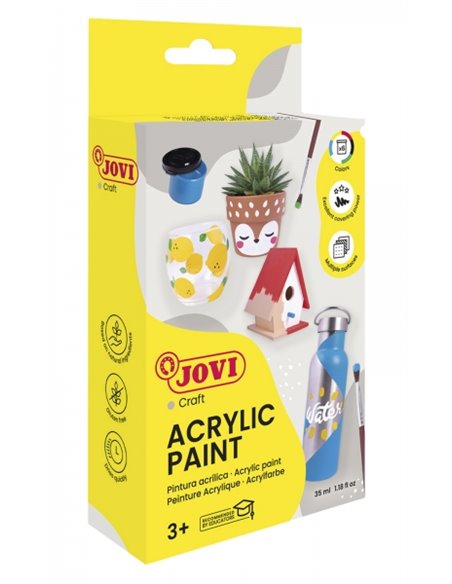 Coffret de peinture acrylique Jovi avec 6 pots et un pinceau - Finition satinée - Pouvoir couvrant élevé - Application facile - 