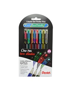 Lot de 8 stylos à bille Pentel Hybrid Dual Metallic à encre gel pailletée – Pointe de 1 mm – Ligne de 0,5 mm – Couleurs vives as