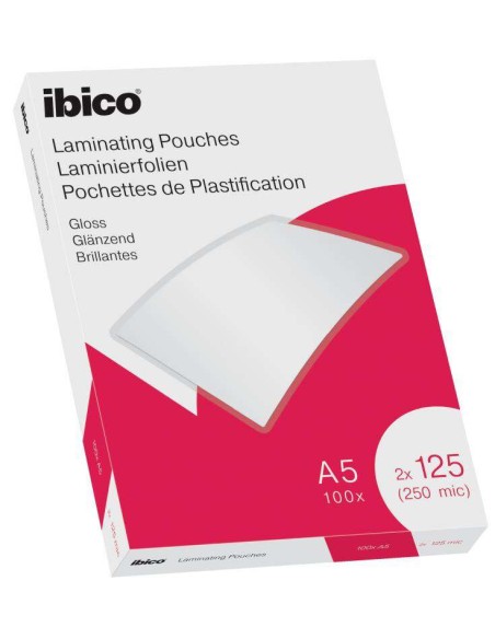 Boîte de 100 feuilles de plastification brillantes Ibico A5 125 microns - Finition cristal haute brillance - Plastifie papier, p