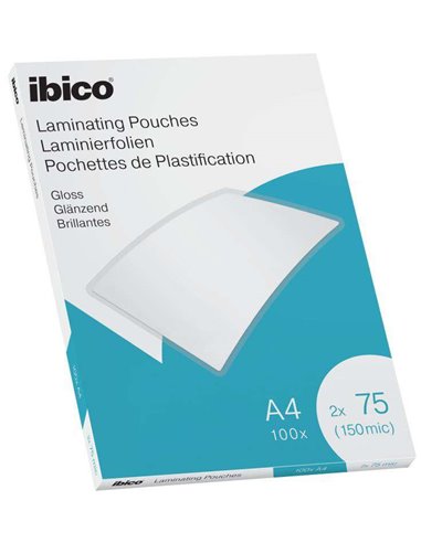 Boîte de 100 feuilles de plastification brillantes Ibico A4 75 microns - Finition cristalline haute brillance - Plastifie papier