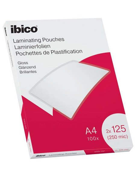 Boîte de 100 feuilles de plastification brillantes Ibico A4 125 microns - Finition cristal haute brillance - Plastifie papier, p