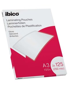 Boîte de 100 feuilles de plastification brillantes Ibico A3 125 microns - Finition cristal haute brillance - Transparent
