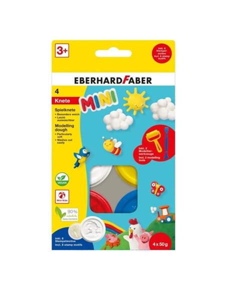 Pack Mini Kids Eberhard Faber avec 4 pots de 50 g de pâte à modeler + 2 outils - 90 % d'ingrédients naturels - Facile à nettoyer