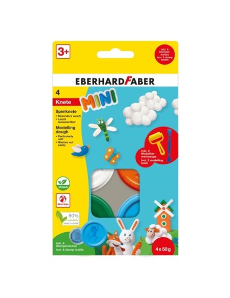 Pack Mini Kids Eberhard Faber avec 4 pots de 50 g de pâte à modeler + 2 outils - 90 % d'ingrédients naturels - Facile à nettoyer