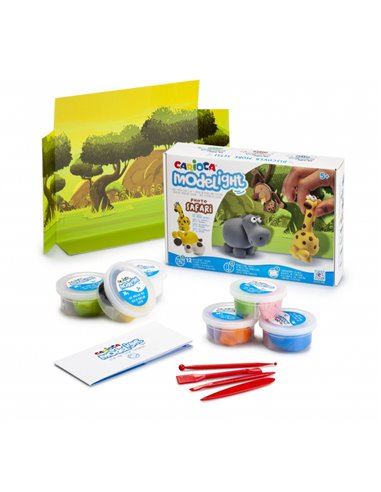 Pack Carioca Modelight Maxiplaybox Safari - Pâte à modeler légère et élastique - Sans gluten - Séchage à l'air libre - Outils et