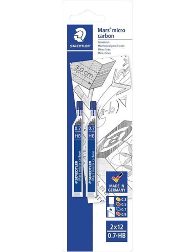 Staedtler Micro Carbon 250, lot de 2 tubes de 12 mines - Mine HB 0,7 mm - Résistante à la casse - 90 % de matières naturelles