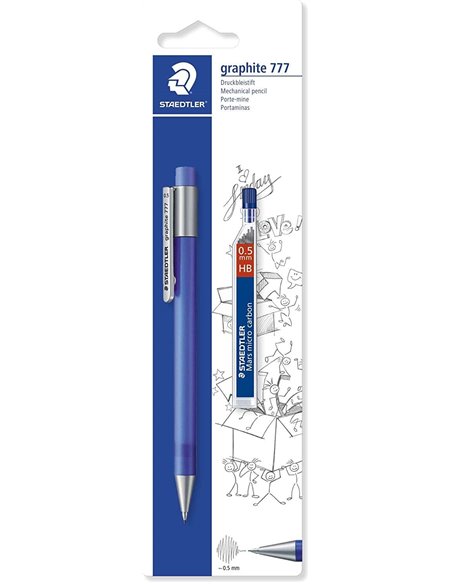 Crayon mécanique Staedtler Graphite 777 0,5 mm + mine HB - Corps caoutchouté - Guide mine anti-casse - Couleurs assorties