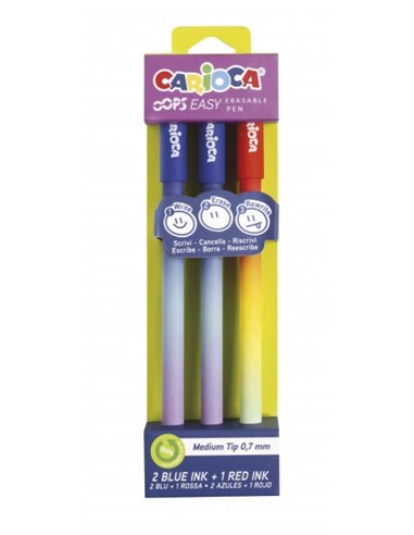 Carioca Oops Easy Pack de 3 stylos effaçables à pointe de 0,7 mm - Encre thermosensible - Corps effet dégradé - Double gomme - C
