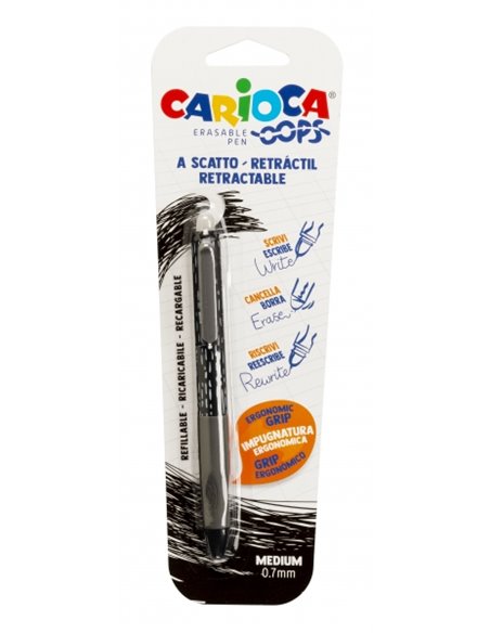 Stylo rétractable effaçable Carioca Oops sous blister - Sensible à la chaleur - Poignée triangulaire ergonomique - Pointe de 0,7