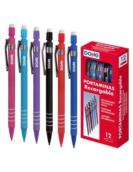 Crayon mécanique rechargeable Dohe avec corps en plastique - Poignée rainurée - Clip en métal - Bouton poussoir avec gomme - Poi