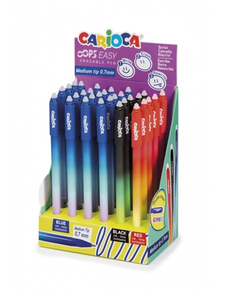 Carioca Oops Easy Display de 30 stylos effaçables - Encre thermosensible - Corps à effet dégradé - Pointe de 0,7 mm - Double gom