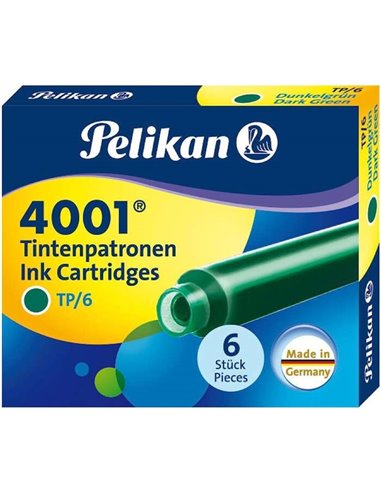 Recharges pour stylo plume Pelikan 4001 TP/6 - Vert foncé - Boîte de 6 cartouches