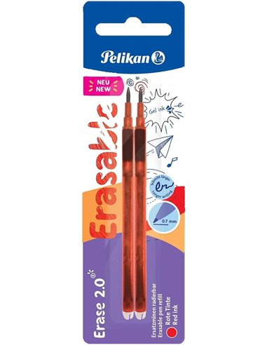 Pack de 2 recharges de gomme Pelikan Erase 2.0 - Idéales pour crayons et stylos à bille - Rouge