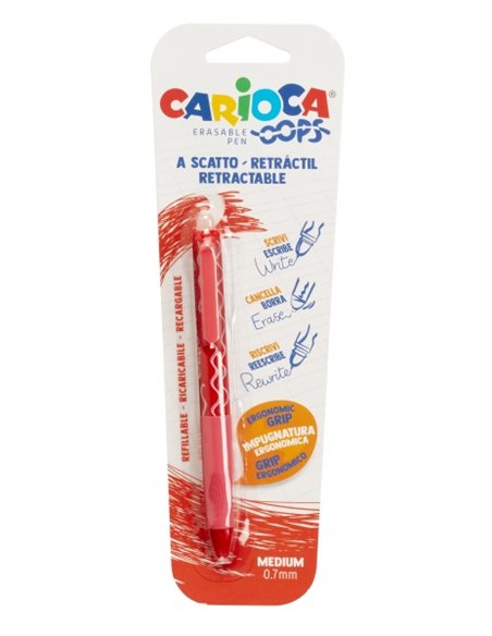 Stylo rétractable effaçable Carioca Oops - Encre thermosensible - Poignée triangulaire ergonomique - Pointe de 0,7 mm - Recharge