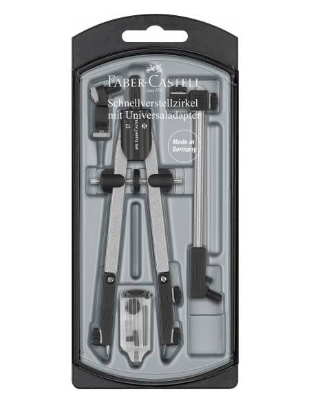 Compas à réglage rapide Faber-Castell avec rallonge - Articulations sur les deux bras - Accessoires de remplacement - Adaptateur