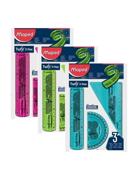 Pack de règles flexibles Maped Twist'n Flex Original : règle de 15 cm, équerre de 60 °/15 cm, rapporteur de 180 °/10 cm, couleur