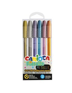 Carioca Fiorella Metallic Pack de 6 stylos à encre gel colorés - Stylo bille 1 mm - Corps transparent - Couleurs métalliques ass