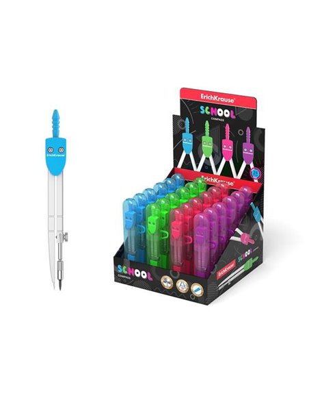 Compas d'écolier en métal Erichkrause 120 mm - Rayon maximal 18 cm - Boîtier en plastique avec règle incluse - Couleurs fluo - B