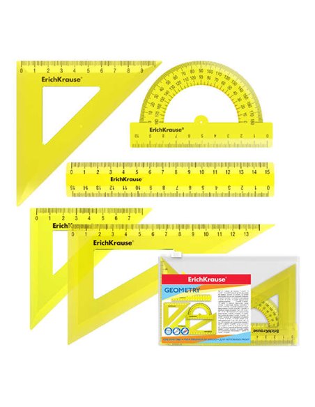 Lot de 5 règles à dessin Erichkrause : règle de 15 cm, équerre de 7 cm/45º, 9 cm/45º, 13 cm/60º, rapporteur de 180º/10 cm, jaune