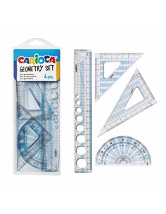 Pack géométrique Carioca de 4 outils : 1 règle de 20 cm, 2 équerres, 1 goniomètre 180 °, outil multifonction, récipient pliable 