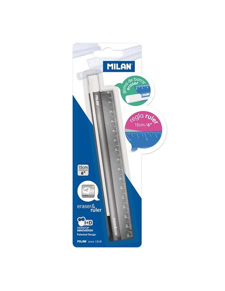 Gomme et règle Milan avec gomme à l'intérieur de la règle - Longueur 15 cm - Toucher métal