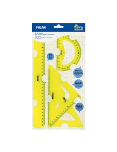 Lot de 4 règles flexibles et résistantes Milan - Règle, équerre, rapporteur et équerre - Jaune