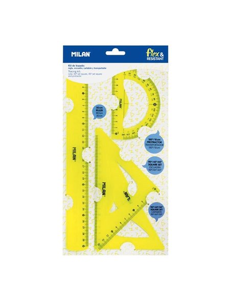 Lot de 4 règles flexibles et résistantes Milan - Règle, équerre, rapporteur et équerre - Jaune